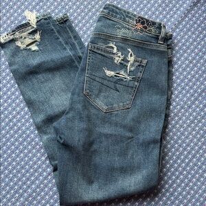 American Eagle Embroidered Dark Blue Distressed Mom Jeans sz 4